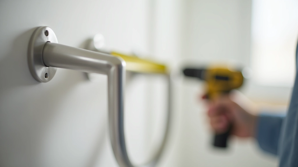 Step-by-step installation process showing measuring, drilling, and mounting a grab bar on bathroom wall with tools visible