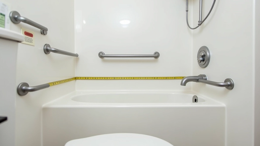 Diagram showing proper grab bar placement measurements around toilet and bathtub in bathroom layout with height and distance specifications