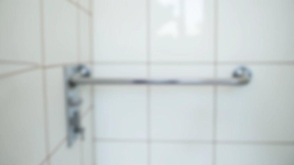 Close-up of bathroom grab bar mounted securely on white tile wall with visible fasteners and hardware