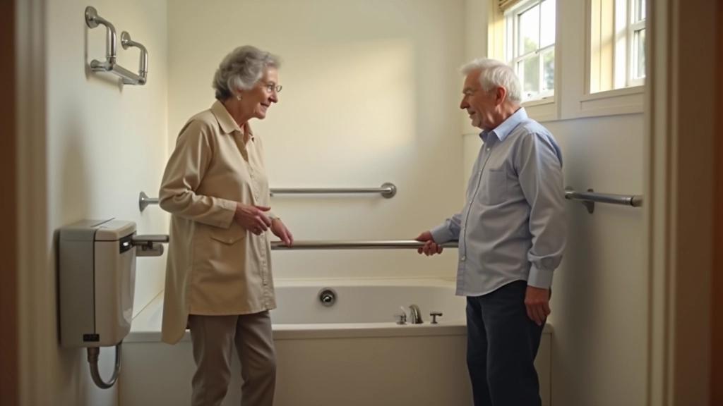 Completed bathroom installation with multiple grab bars properly mounted around toilet and bathtub area, elderly person safely using the bathroom
