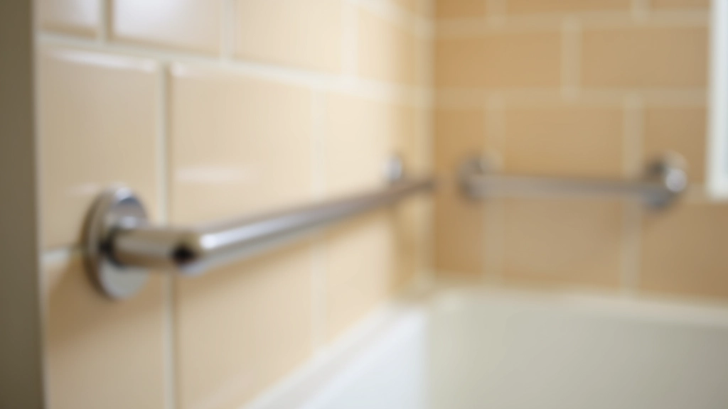 Bathroom with grab bars installed around bathtub and shower area, safety equipment visible