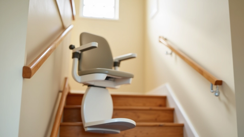 Residential staircase with stair lift chair installed on side, showing mobility solution