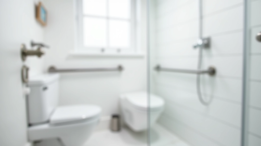 Modern bathroom with grab bars installed near toilet and shower area, clean white tiles, safety-focused design