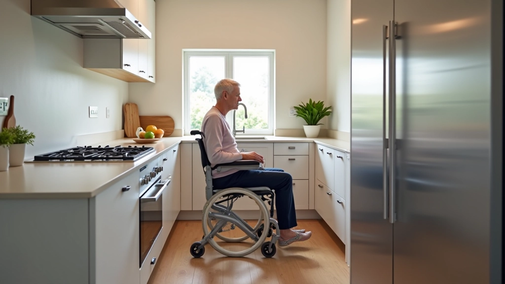Accessible kitchen with lowered counters, open space under sink, and accessible appliances