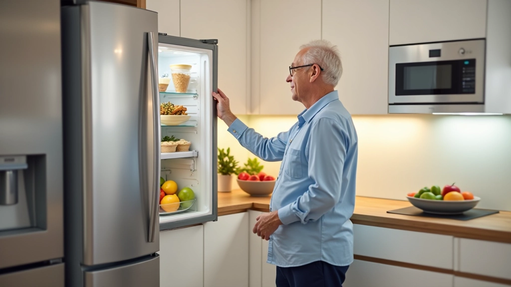 Modern kitchen appliances with accessible features including side-by-side refrigerator and counter-height microwave