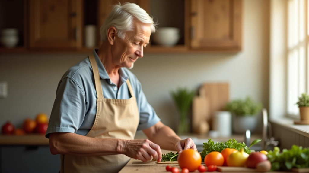 Older adult comfortably preparing food in an accessible kitchen with proper lighting and counter height