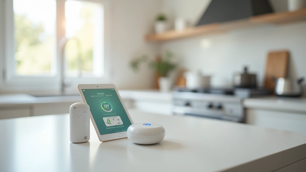 Smart home devices displayed on kitchen counter showing monitoring technology