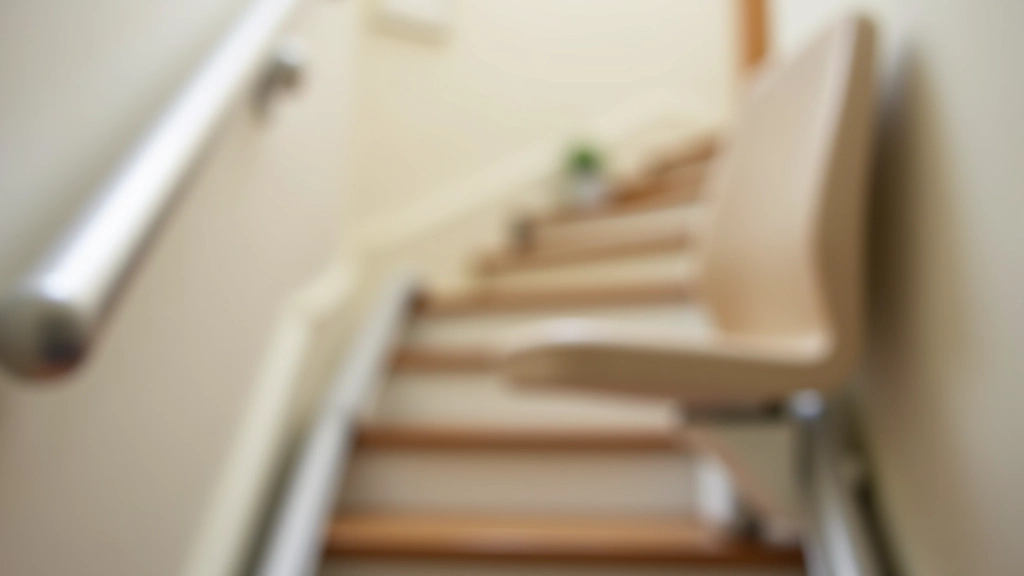 Close-up view of straight stair lift track installed on residential staircase railing, showing mechanics and chair design
