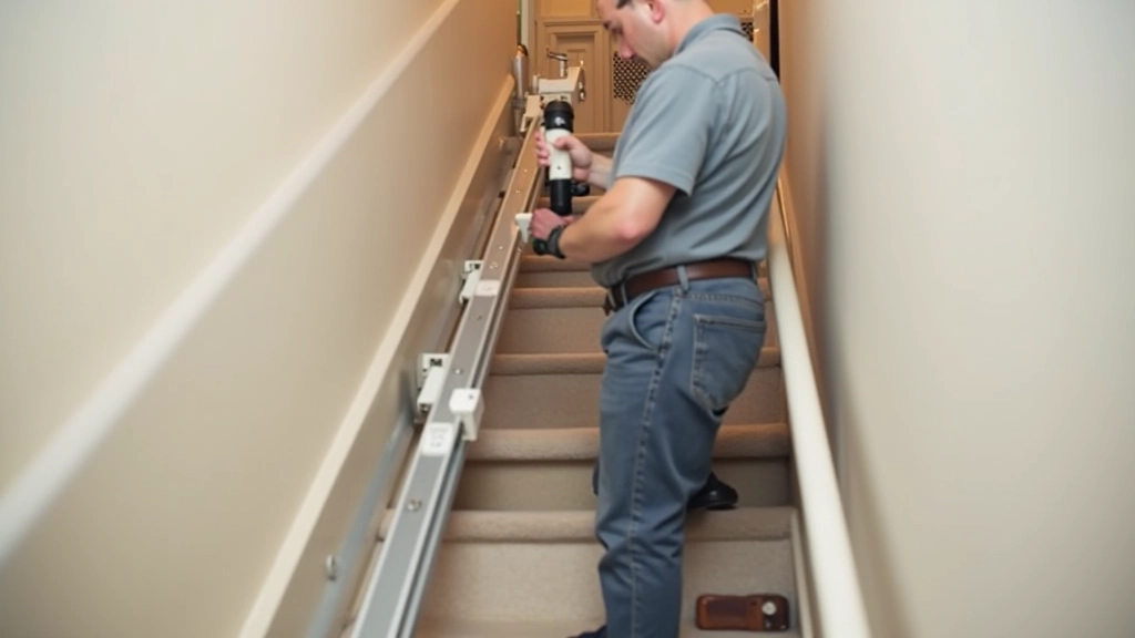 Technician installing stair lift track brackets on residential staircase during installation process